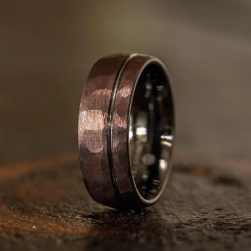 "Zeus" Hammered Tungsten Carbide Ring- Coffee with Gunmetal