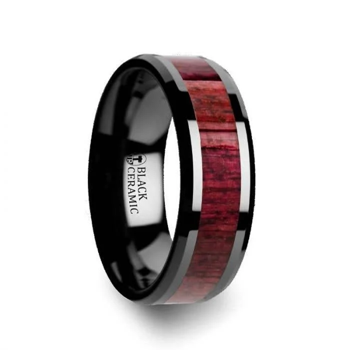 Thorsten MORADO Purple Heart Wood Inlaid Black Ceramic Ring with Beveled Edges - 8mm