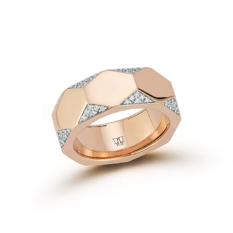 QUENTIN 18K ROSE GOLD AND DIAMOND FACETED HEXAGON BAND RING