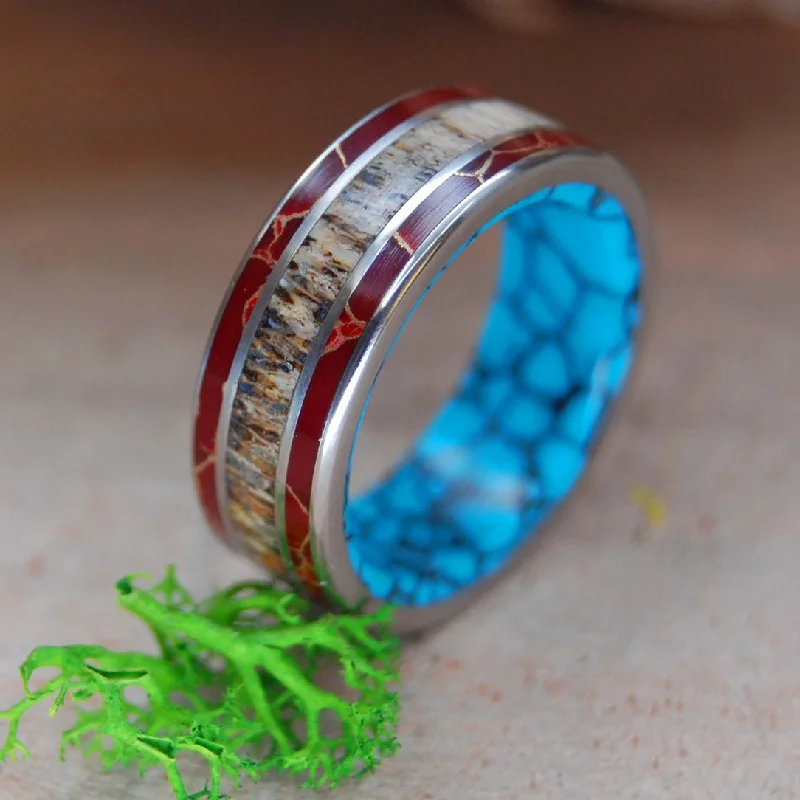 Red Jasper Turquoise Moose Off Maine | Men's Red Jasper, Turquoise, Azurite & Moose Antler Wedding Ring