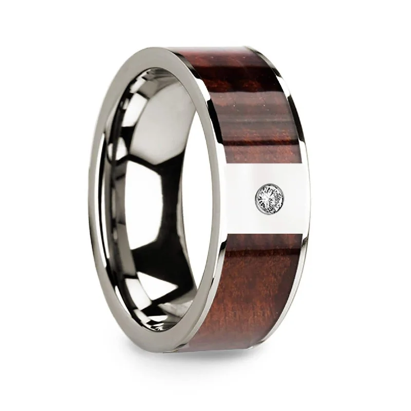 Thorsten Redwood Inlay 14k White Gold Wedding Ring with Diamond Center - 8mm