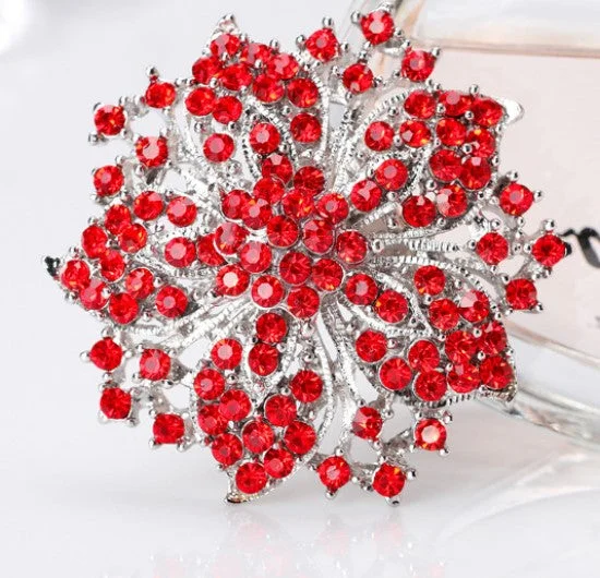 Rhinestone Flower Brooch Red Gold or Silver BR-772