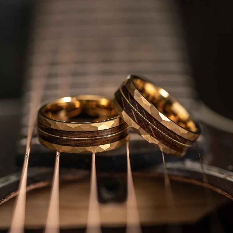 "Rhythm & Whiskey"  Whiskey Barrel Wood x Guitar String Ring- Yellow Gold Hammered Tungsten