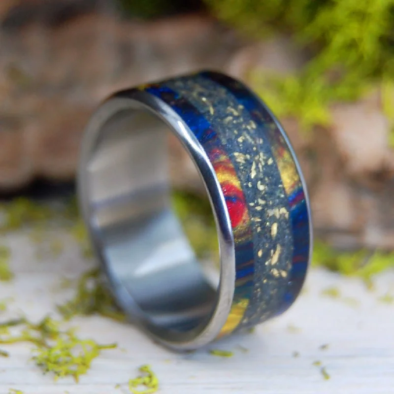 Ring My Bell | Men's Brass, Black Sand, Lava Explosion Resin & Titanium Wedding Ring