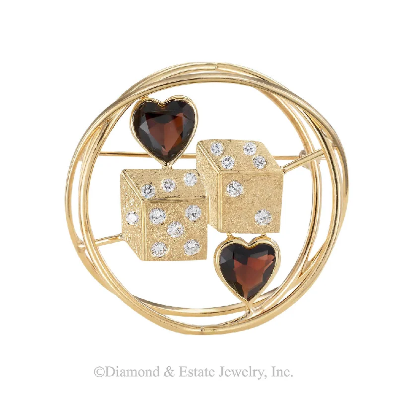 Ruser Garnet Diamond Yellow Gold Dice Brooch