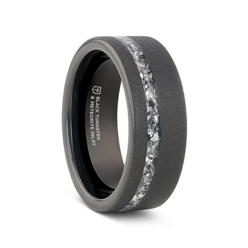 Thorsten ABYSS Sandblasted Black Tungsten Ring with Meteorite Fragments Inlay - 8mm