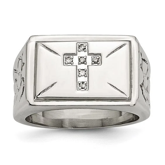 Stainless Steel Diamond Cross With Textured Sides Ring