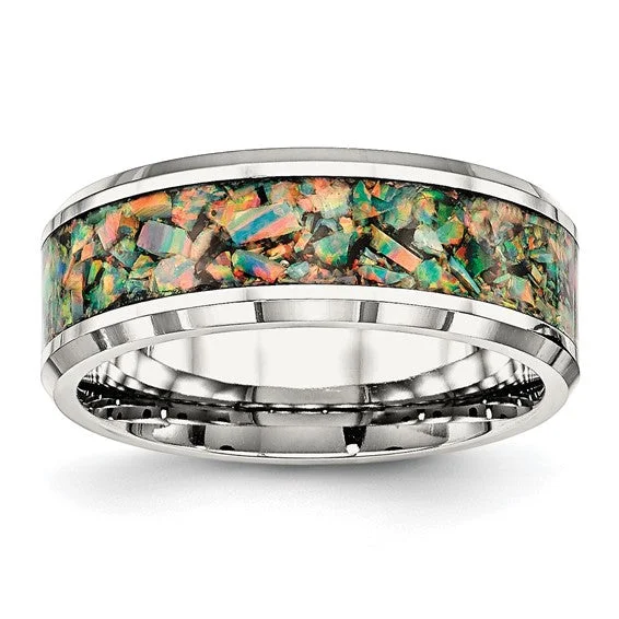 Stainless Steel Polished With Opal Inlay 8mm Men's Ring