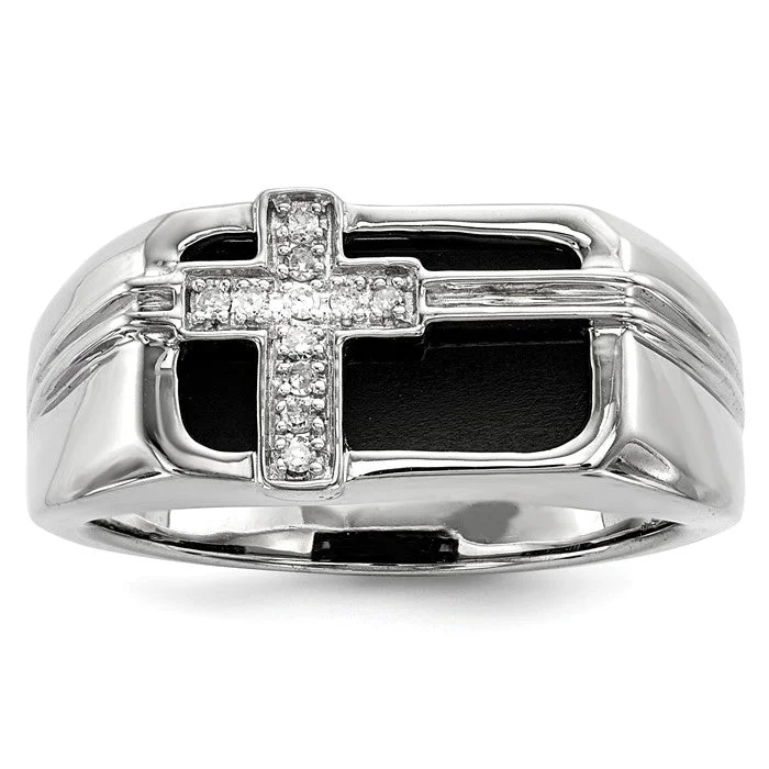 Sterling Silver Black Onyx and Diamond Cross Men's Ring