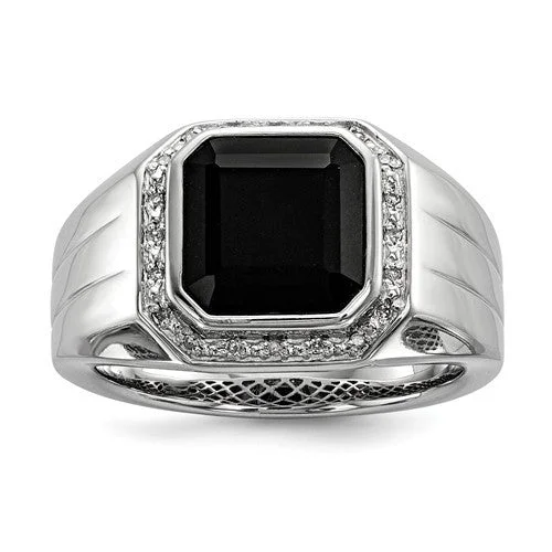 Sterling Silver Diamond And Black Onyx Square Men's Ring