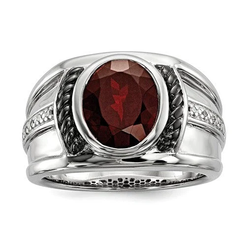 Sterling Silver Garnet & Diamond Oval Black Rhodium-Plated Men's Ring