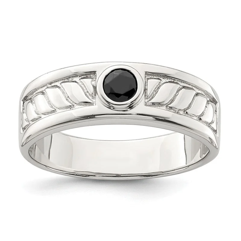 Sterling Silver Men's Bezel Onyx Textured Band Ring