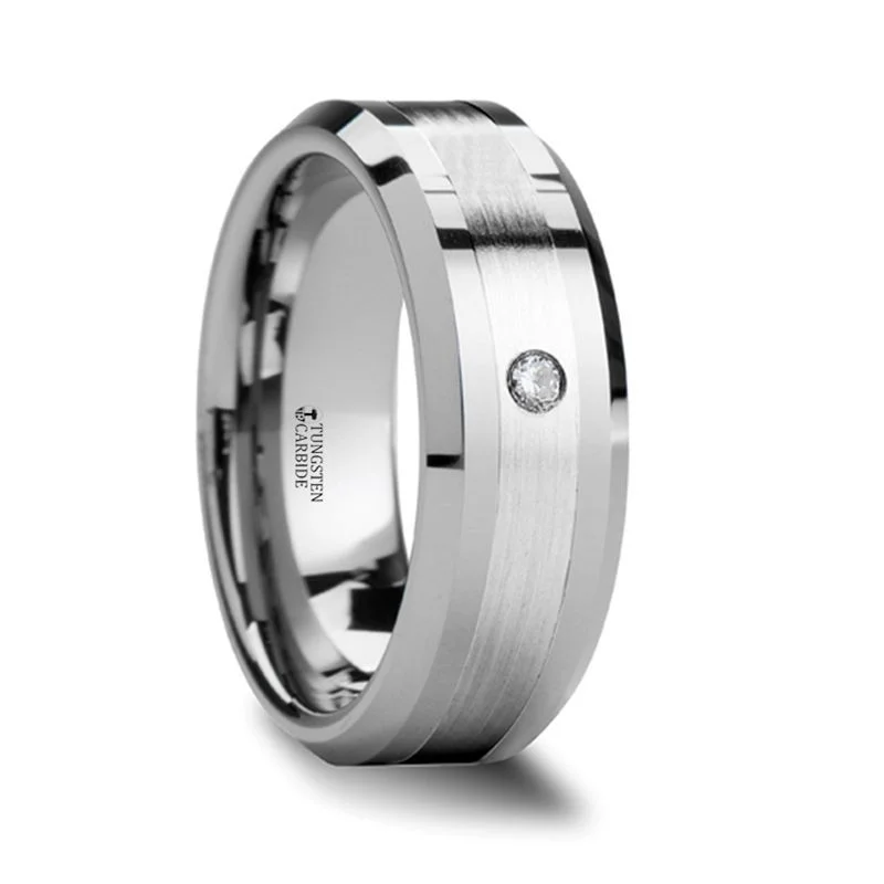 Thorsten GAUTIER Beveled Tungsten Carbide Ring w/ Palladium Inlaid & Diamond - 8mm