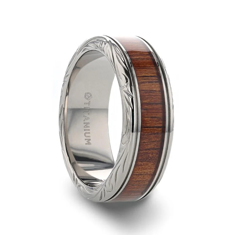 Thorsten OHANA Koa Wood Inlaid Titanium Wedding Ring w/ Detailed Edges 6-10mm