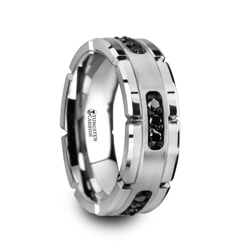 Thorsten VALOR Grooved Tungsten Ring with Silver Inlay & Black Diamonds - 8mm Band