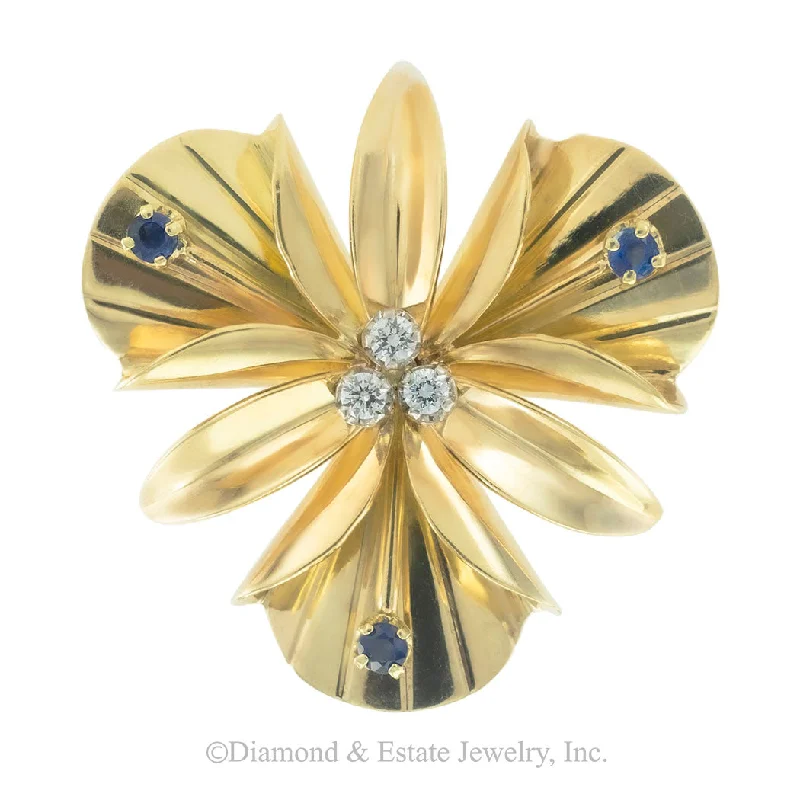 Tiffany & Co Diamond Sapphire Yellow Gold Orchid Brooch