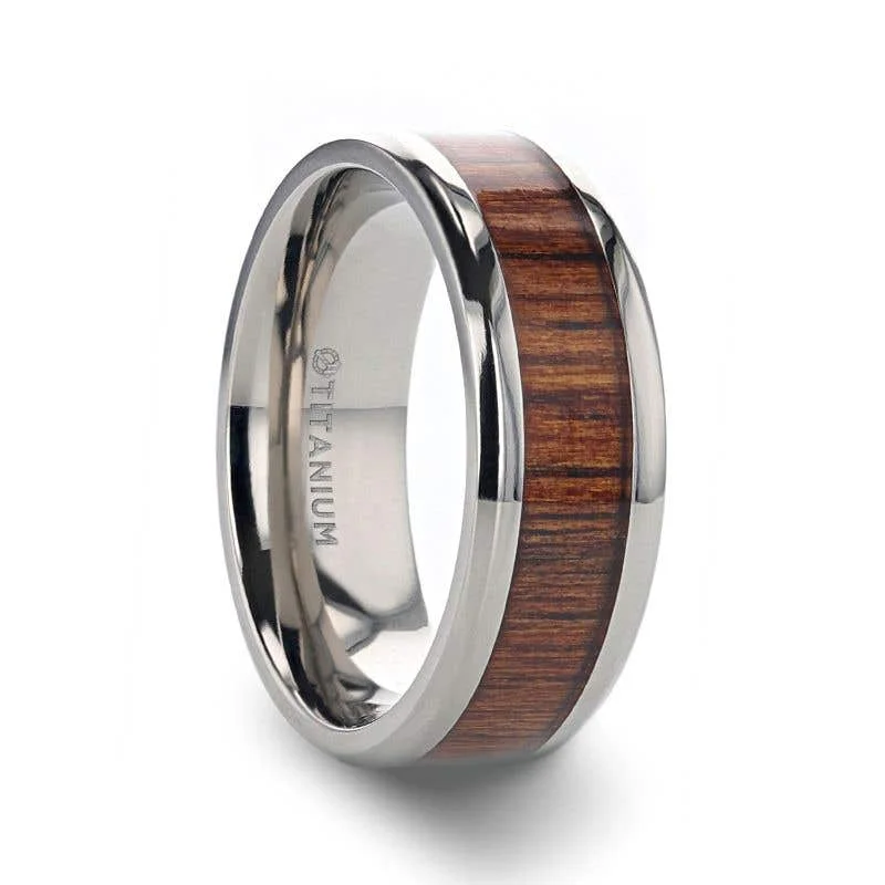 Thorsten KOAN Titanium Polished Finish Koa Wood Inlaid Men’s Wedding Ring with Beveled Edges - 6mm & 8mm