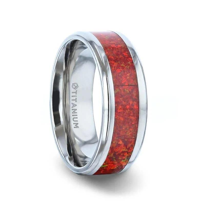 Thorsten CASSIOPEIA Titanium Ring With Beveled Edges And Red Opal Inlay - 8mm