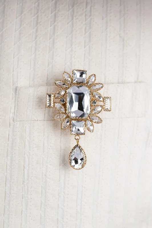 Transparent Rectangular Crystal Brooch With Drop Detailing