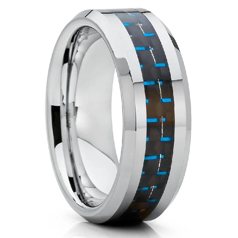 Tungsten Carbide Carbon Fiber Wedding Ring 8Mm Comfort Fit Silver