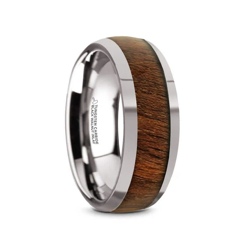 Thorsten JUGLAN Tungsten Carbide Polished Finish Men’s Domed Wedding Ring with Exotic Black Walnut Wood Inlay - 8mm