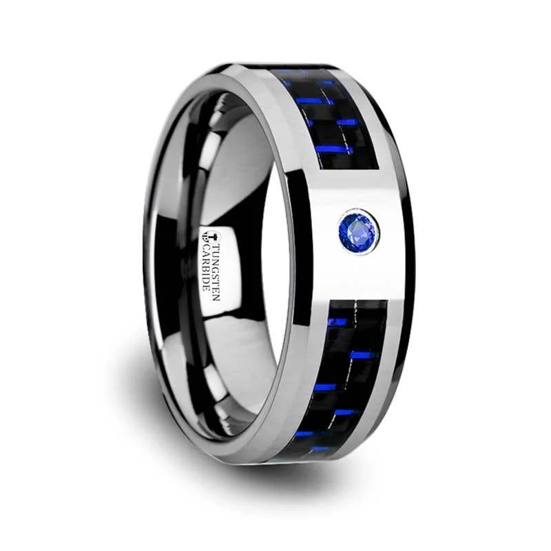 Thorsten NEPTUNE Tungsten Carbide Ring Black Blue Carbon Fiber Blue Sapphire Setting with Bevels - 8mm