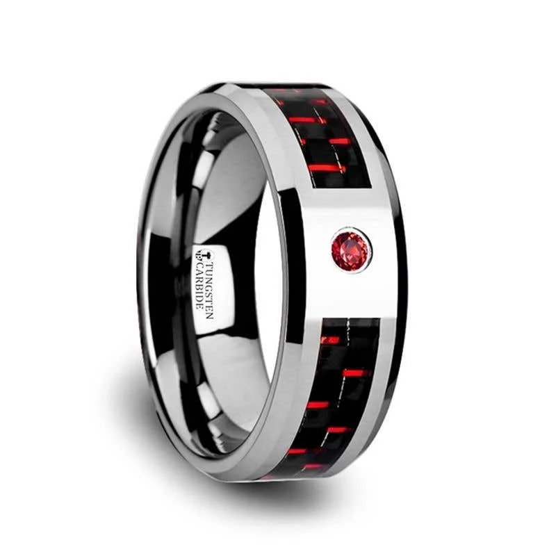 Thorsten ADRIAN Tungsten Carbide Ring with Black and Red Carbon Fiber and Red Ruby Setting with Bevels - 8mm