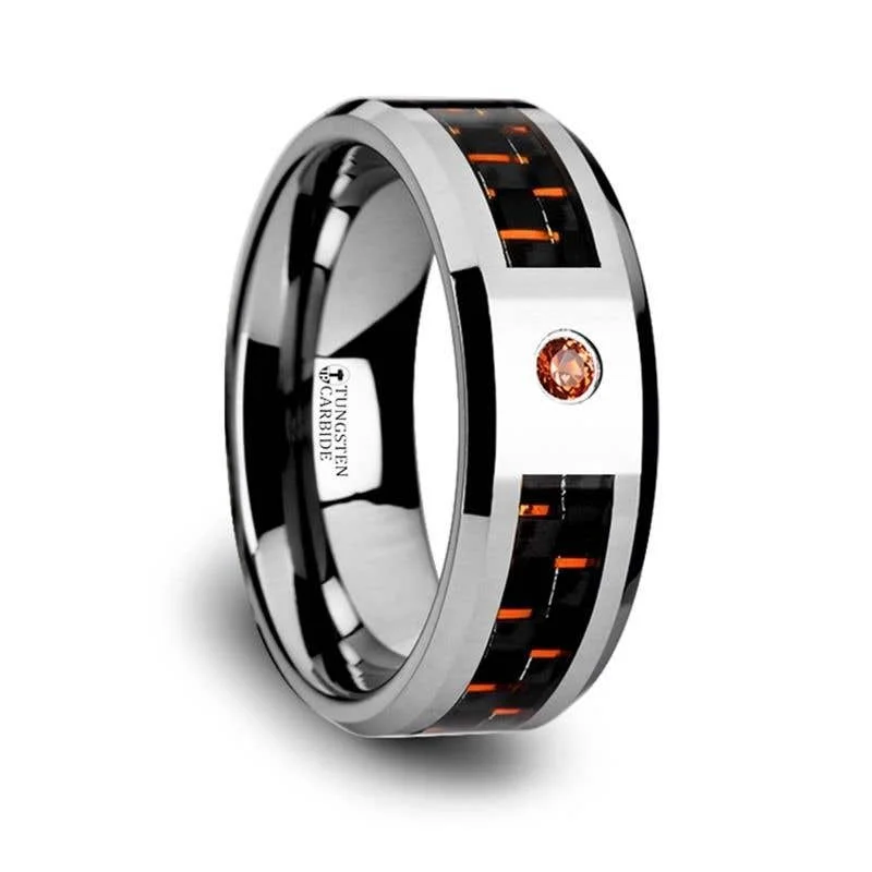 Thorsten NOAH Tungsten Ring Black Orange Carbon Fiber Padparadscha Sapphire Setting - 8mm