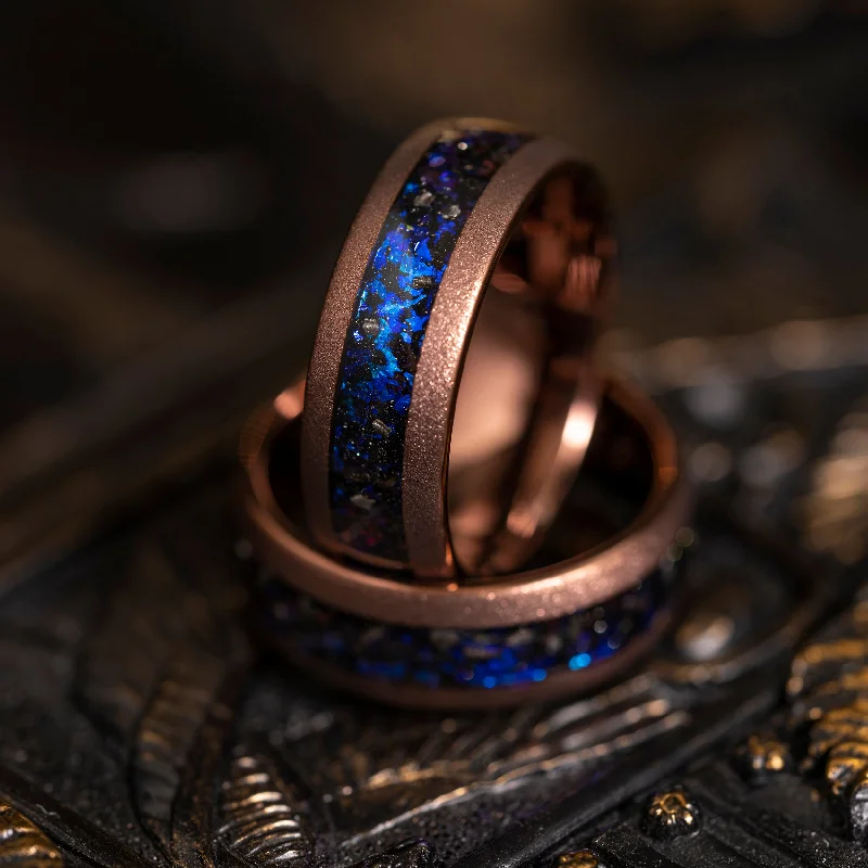 "Zeus" Domed Nebula Ring- Meteorite and Opal- Smoked Rose Gold 8mm