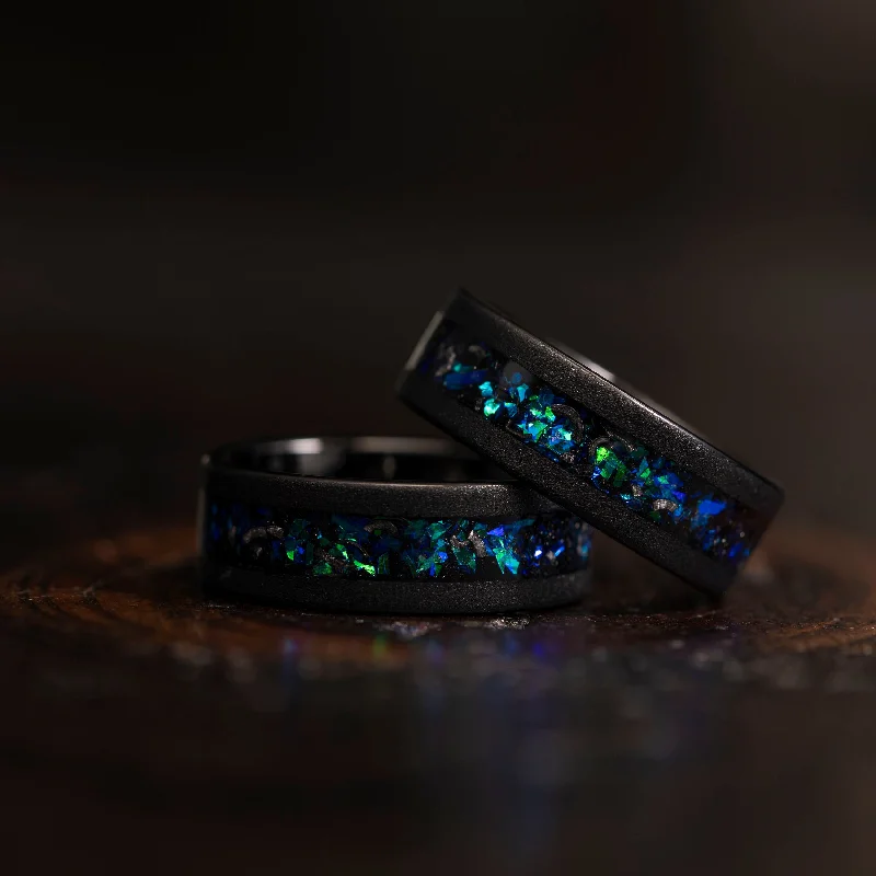 "Zeus" Flat Nebula Ring Green Blue- Meteorite and Opal- Black 8mm