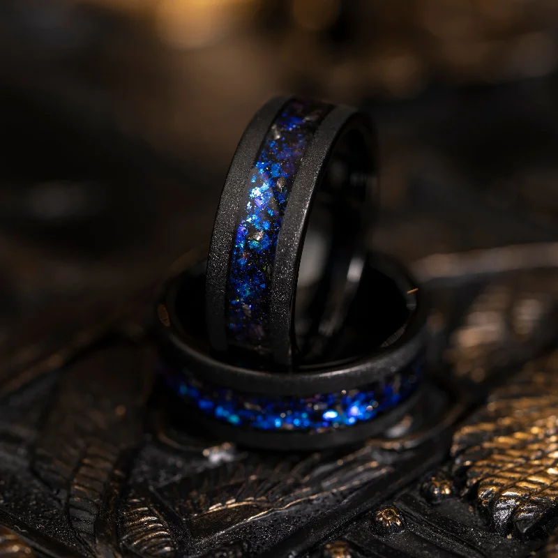 "Zeus" Flat Nebula Ring- Meteorite and Opal- Black 8mm