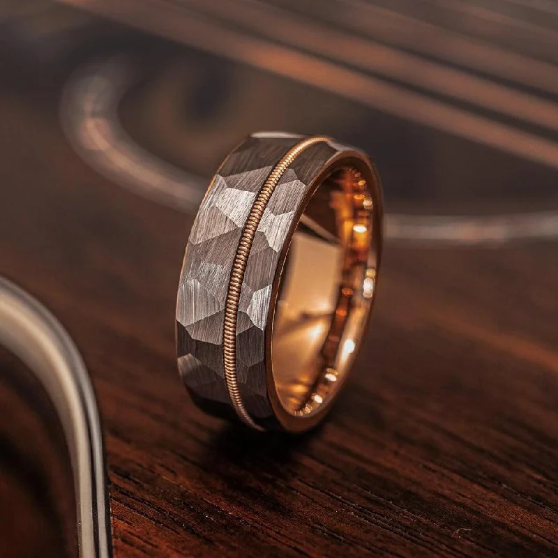 "Zeus" Hammered Guitar String Ring- Silver with Guitar String