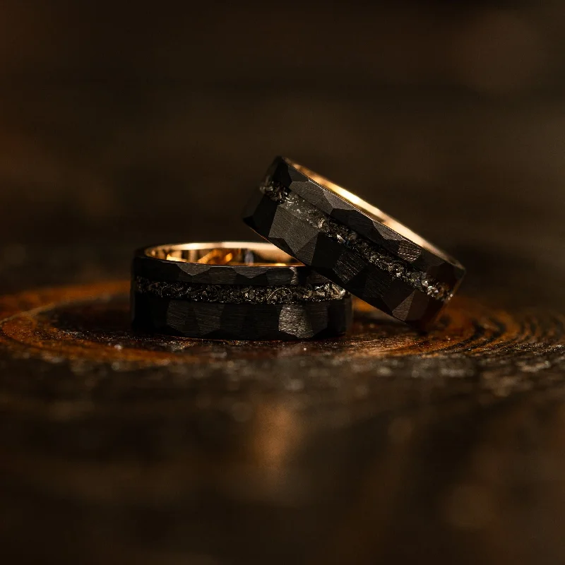 "Zeus" Hammered Tungsten Carbide Ring- Black/Rose Gold w/ Meteorite- 8mm