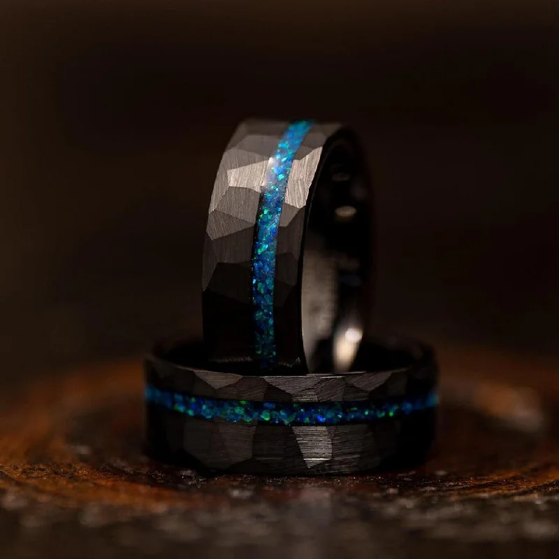 "Zeus" Hammered Tungsten Carbide Ring- Black w/ Blue Opal Strip- 8mm