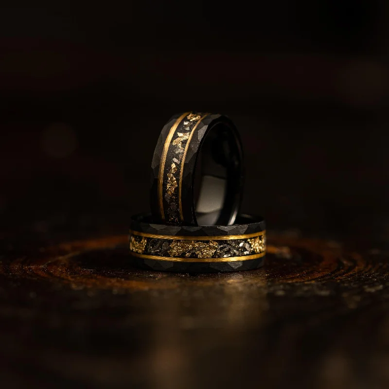 "Zeus" Hammered Tungsten Carbide Ring- Black w/ Meteorite & Gold Leaf- 6mm/8mm