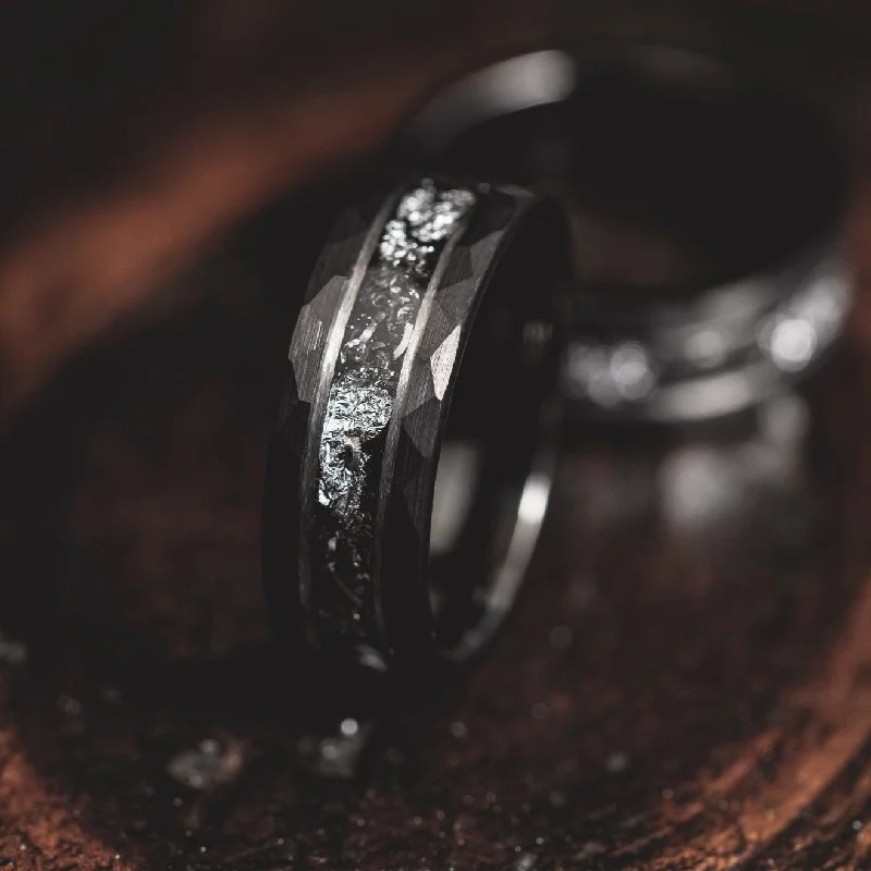 "Zeus" Hammered Tungsten Carbide Ring- Black w/ Meteorite & White Gold Leaf- 6mm/8mm