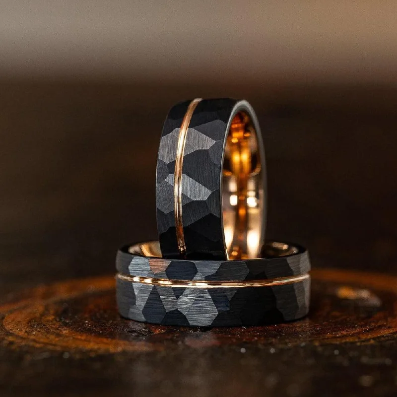 "Zeus" Hammered Tungsten Carbide Ring- Black w/ Rose Gold Strip- 6mm/8mm