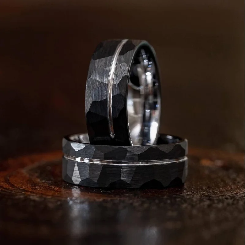 "Zeus" Hammered Tungsten Carbide Ring- Black w/ White Gold Strip- 6mm/8mm