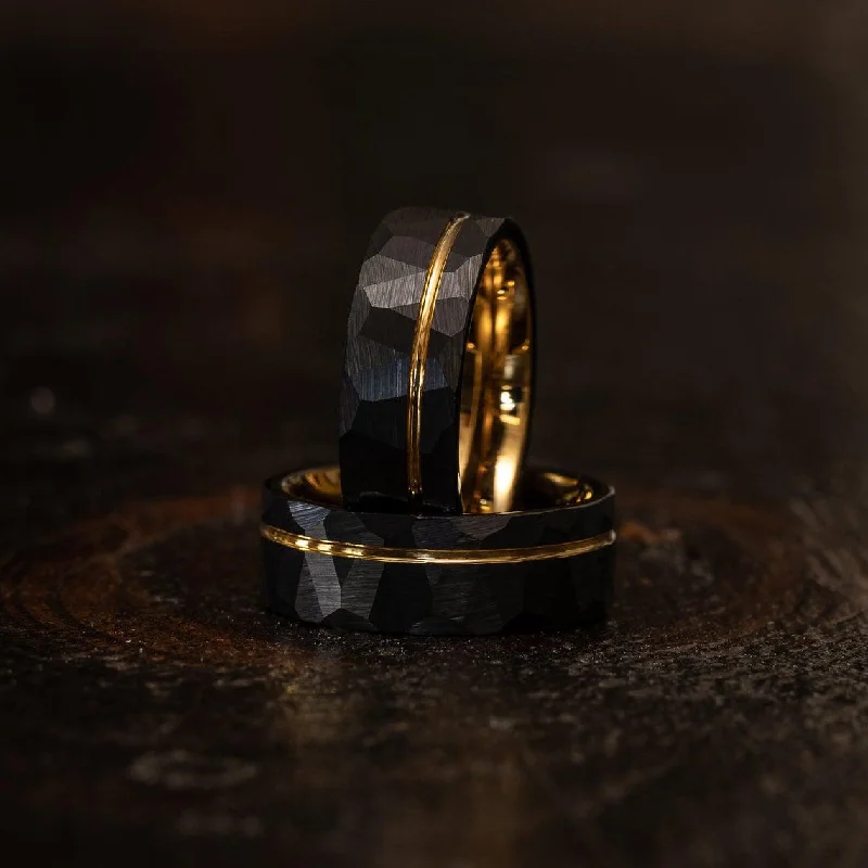 "Zeus" Hammered Tungsten Carbide Ring- Black w/ Yellow Gold Strip- 6mm/8mm