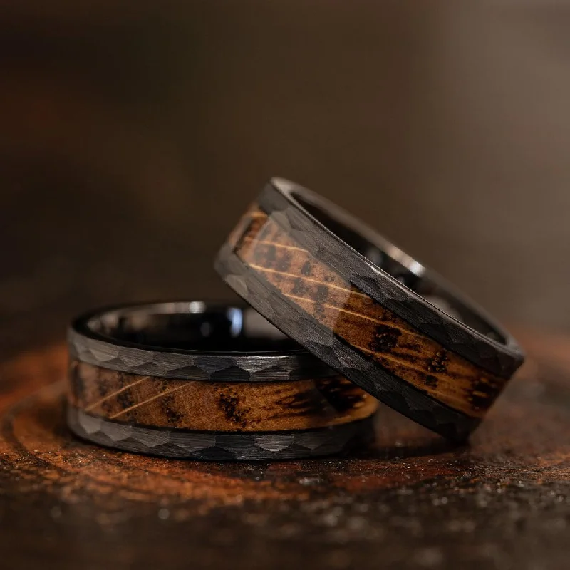 "Zeus" Hammered Tungsten Carbide Ring- Black with Charred Whiskey Barrel