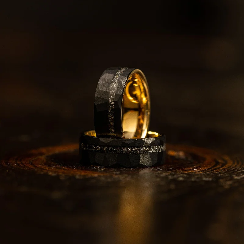 "Zeus" Hammered Tungsten Carbide Ring- Black/Yellow Gold w/ Meteorite- 8mm