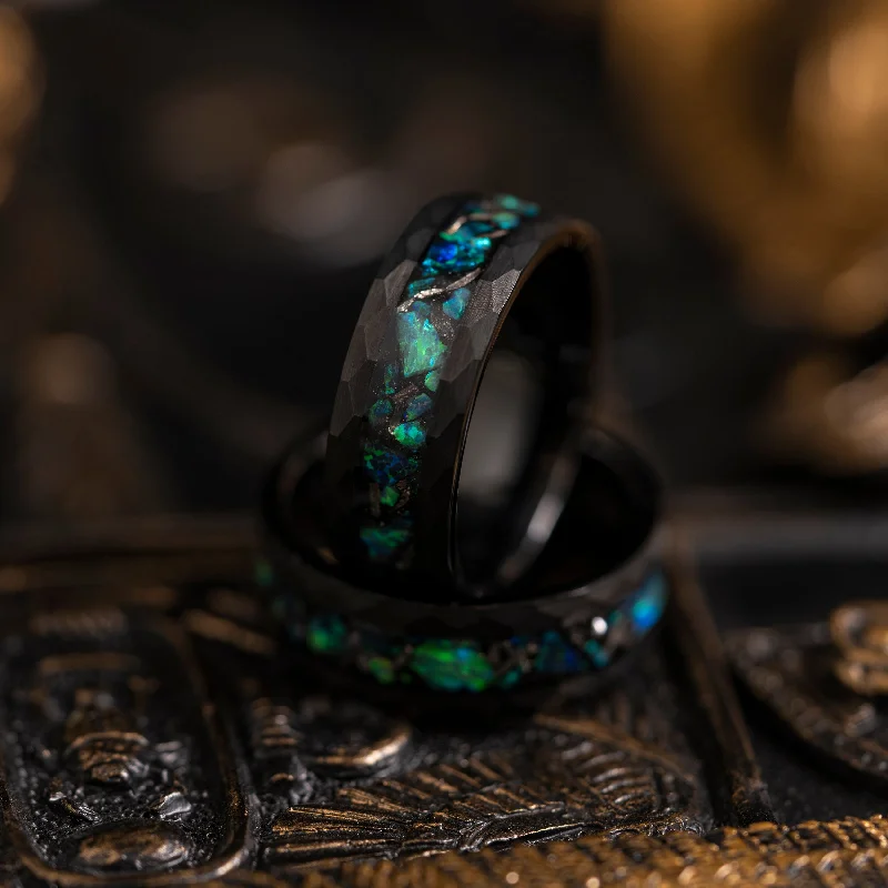 "Zeus" Hammered Tungsten Carbide Ring- Meteorite and Emerald Opal- Black- 8mm